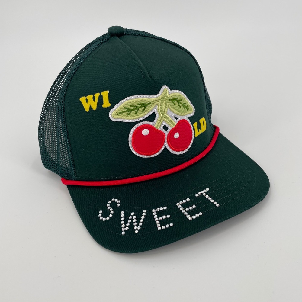 MOTHER The 10-4 Wild Cherries Trucker Hat Sweet Rhinestone Brim NWT OS Green - Picture 2 of 9